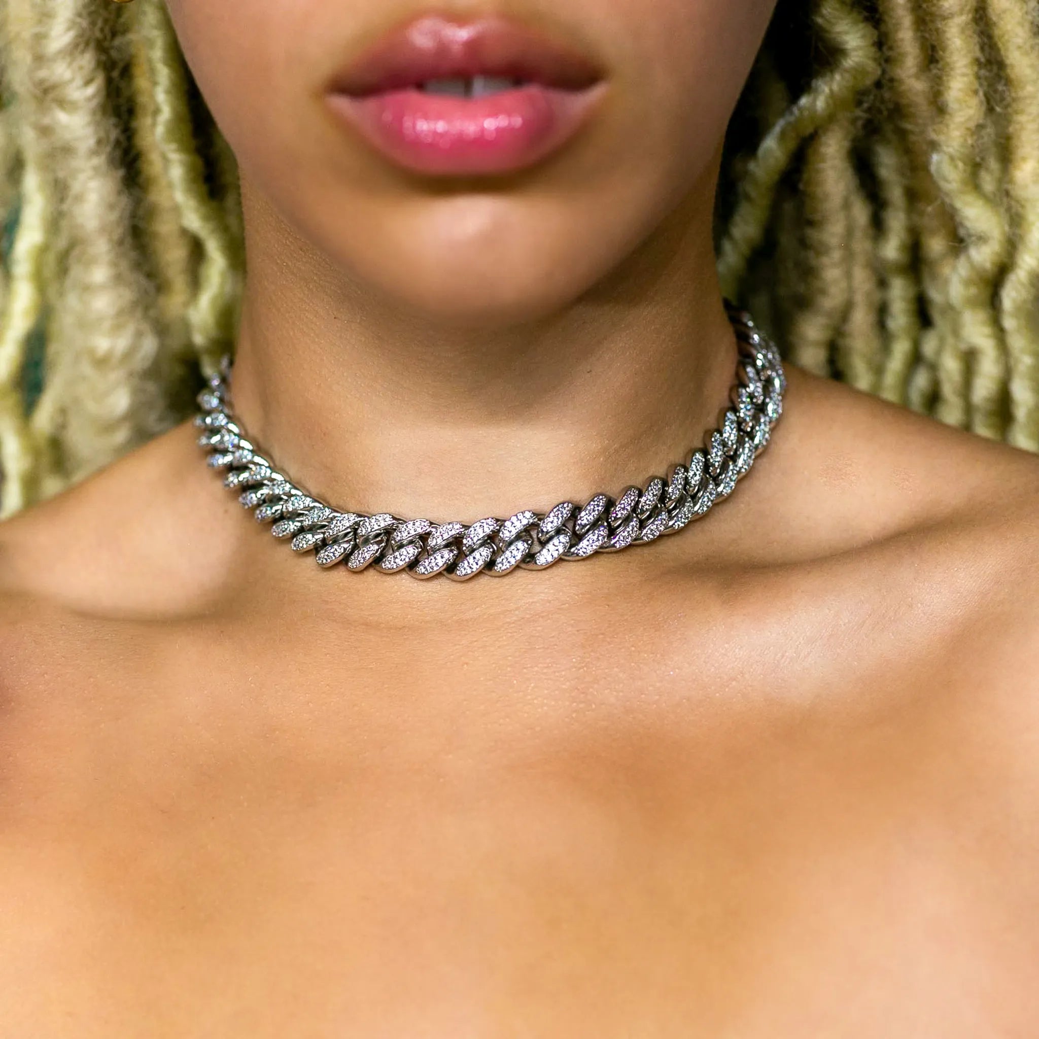 12mm Cuban Link Choker/ Necklace in White Gold