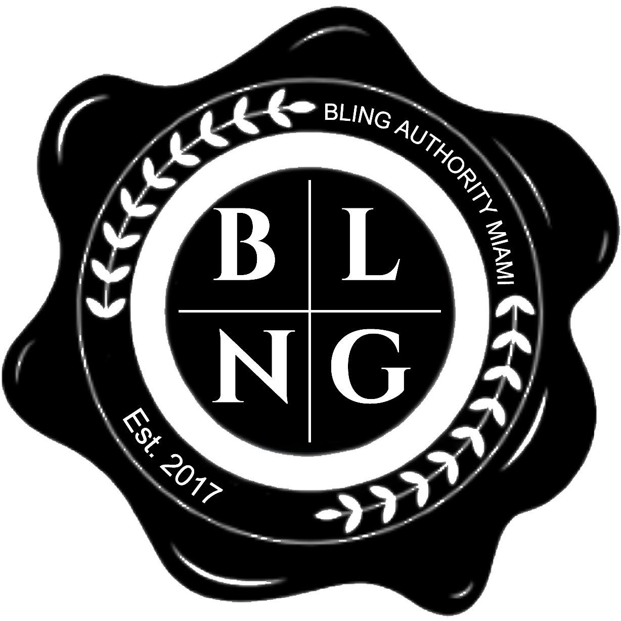 Black and white logo with 'BLNG' and 'Bling Authority Miami' text on a white background