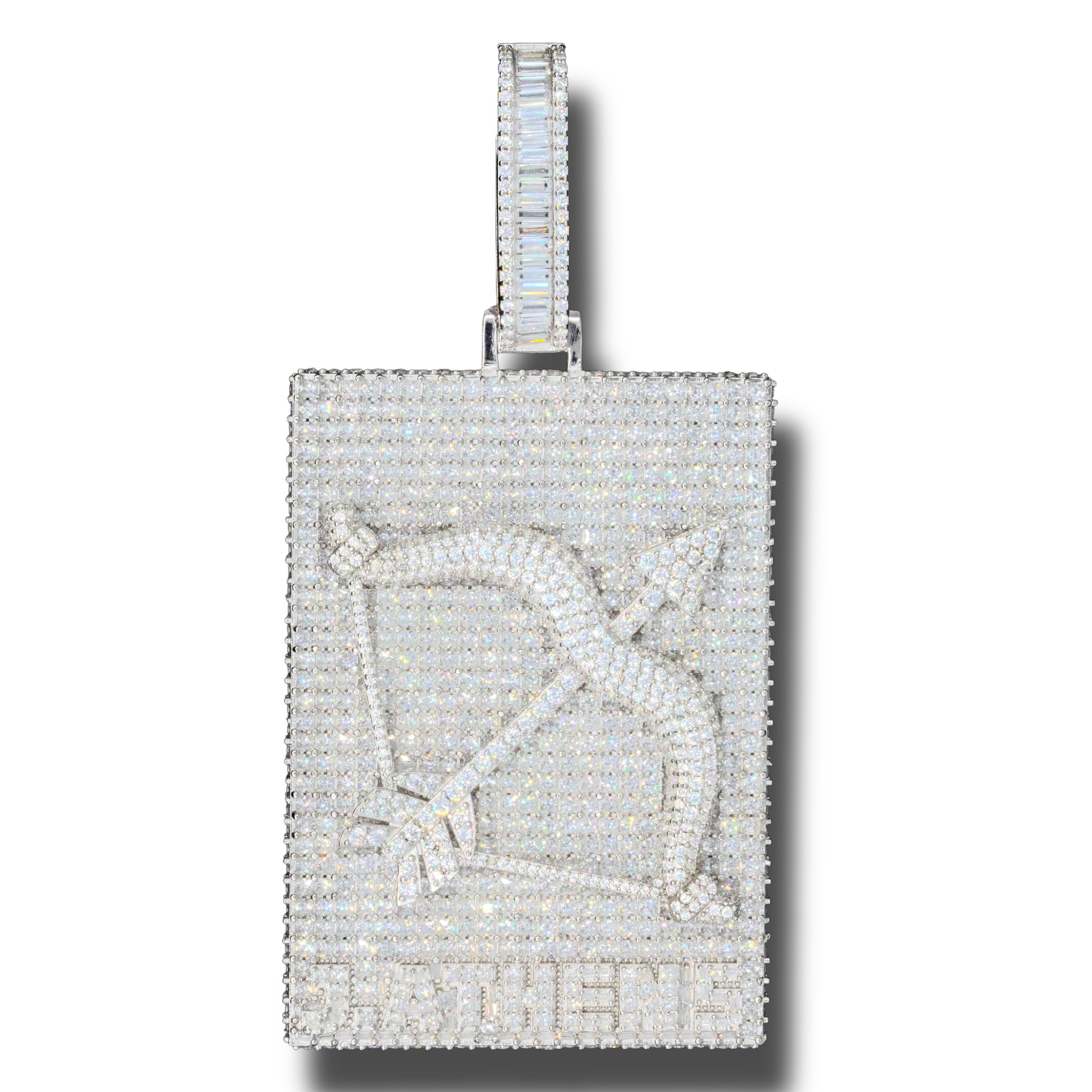 Silver pendant with a bow and arrow design on a transparent background for influencer J. Athens