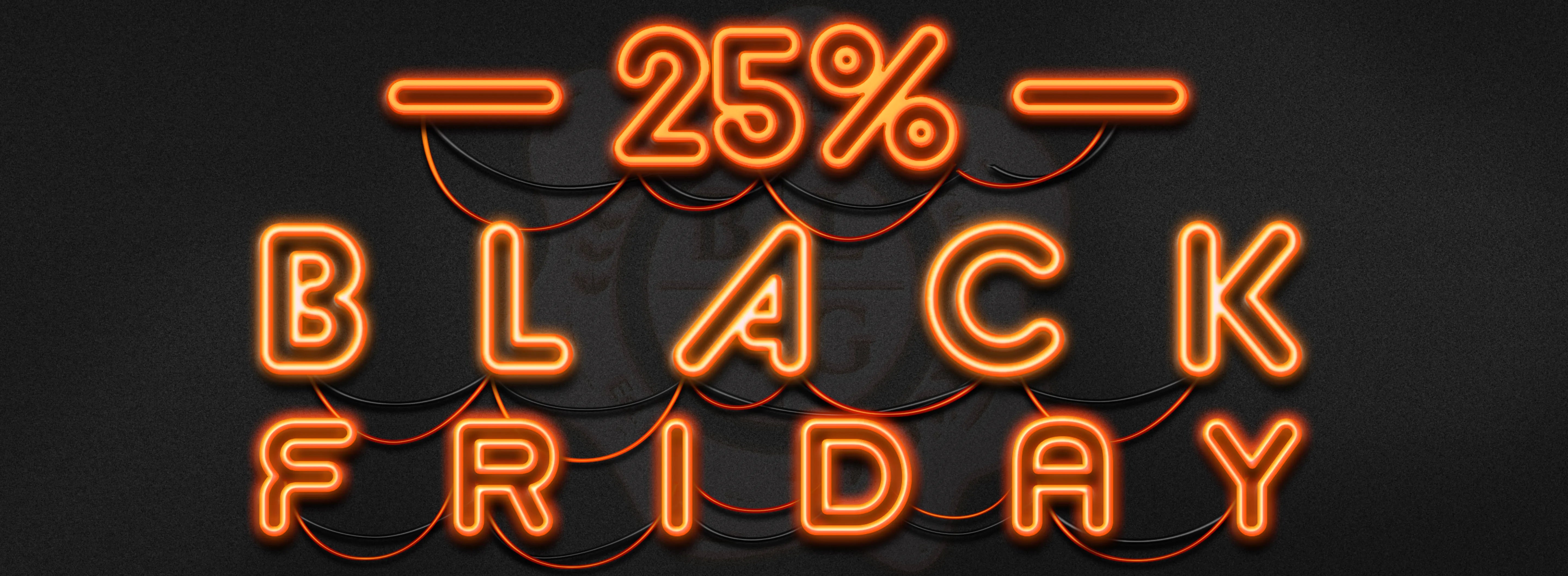 Neon sign with '25% Black Friday' on a black background