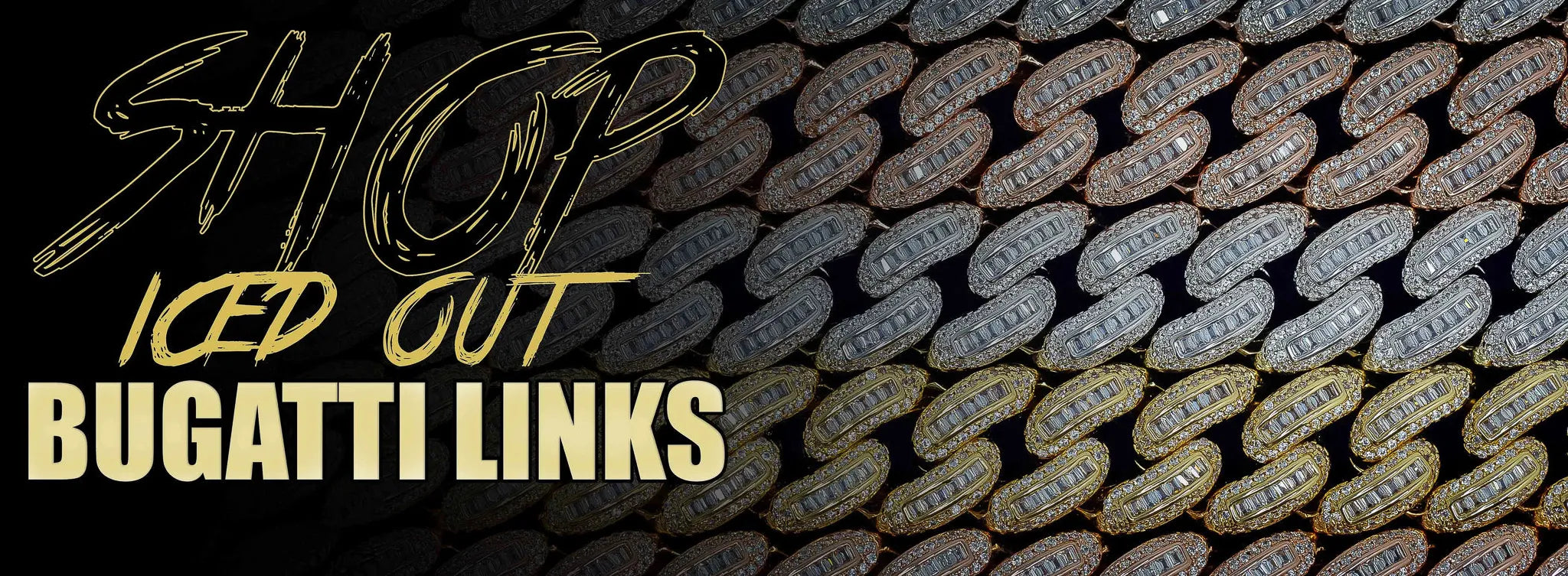 Gold and silver Bugatti links with 'Shop Iced Out' text on a black background