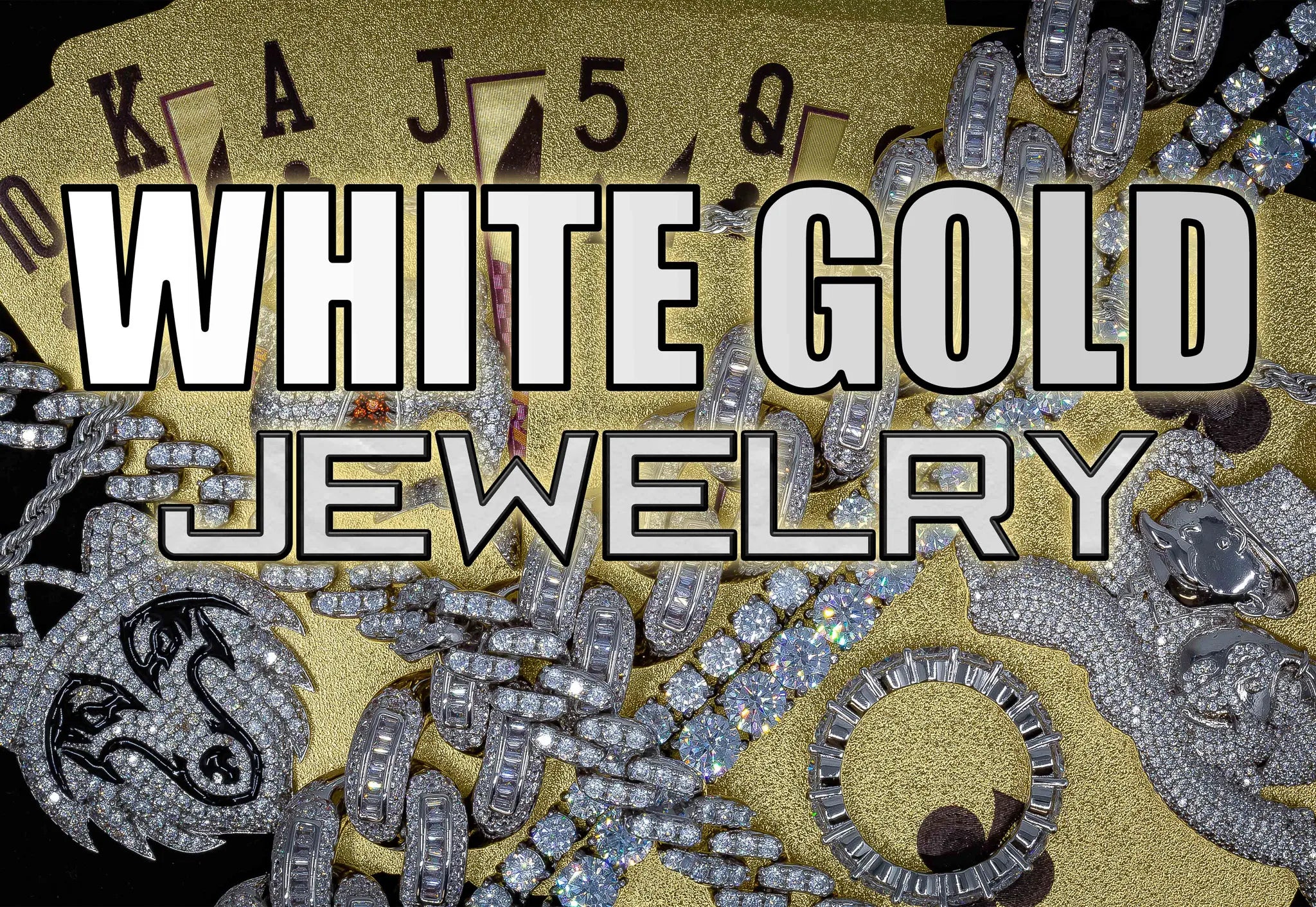 White gold jewelry with intricate designs on a textured background, featuring the text 'White Gold Jewelry'.