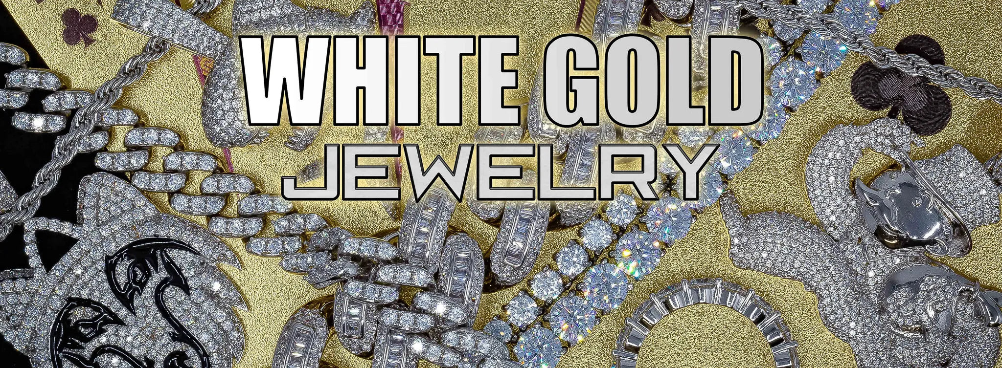 White gold jewelry with various designs on a textured background, featuring the text 'White Gold Jewelry'.