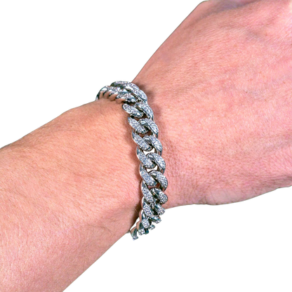 12mm Iced Out Cuban Link Bracelet in White Gold