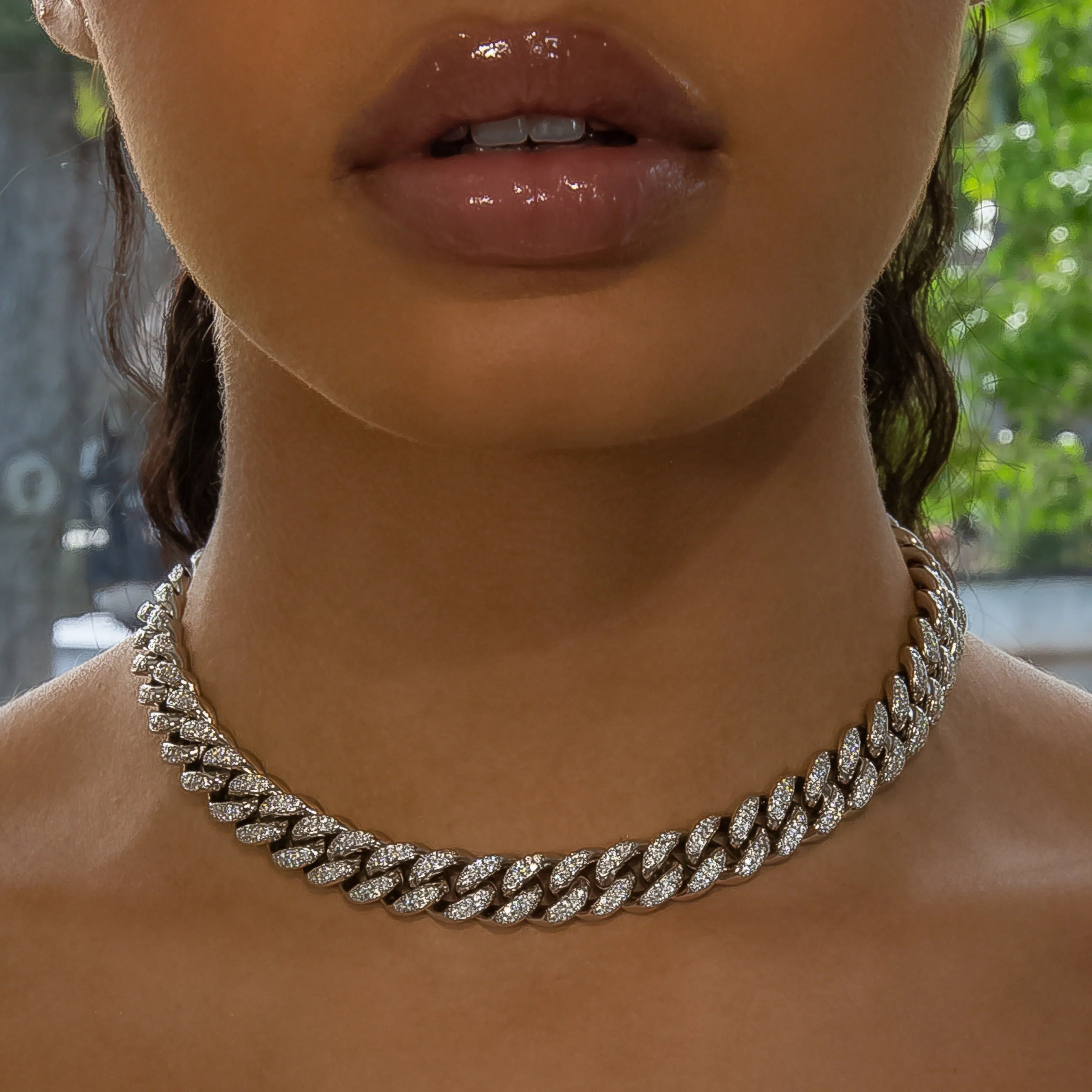 12mm Cuban Link Choker/ Necklace in White Gold 22"