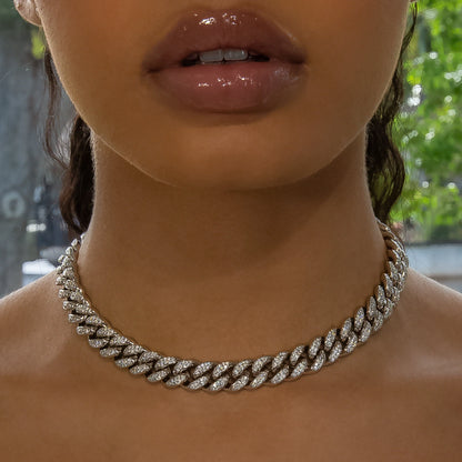 12mm Cuban Link Choker/ Necklace in White Gold 22"