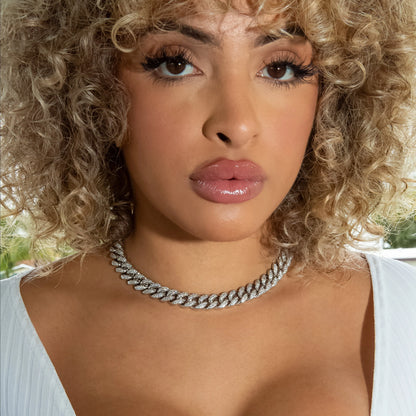 12mm Cuban Link Choker/ Necklace in White Gold