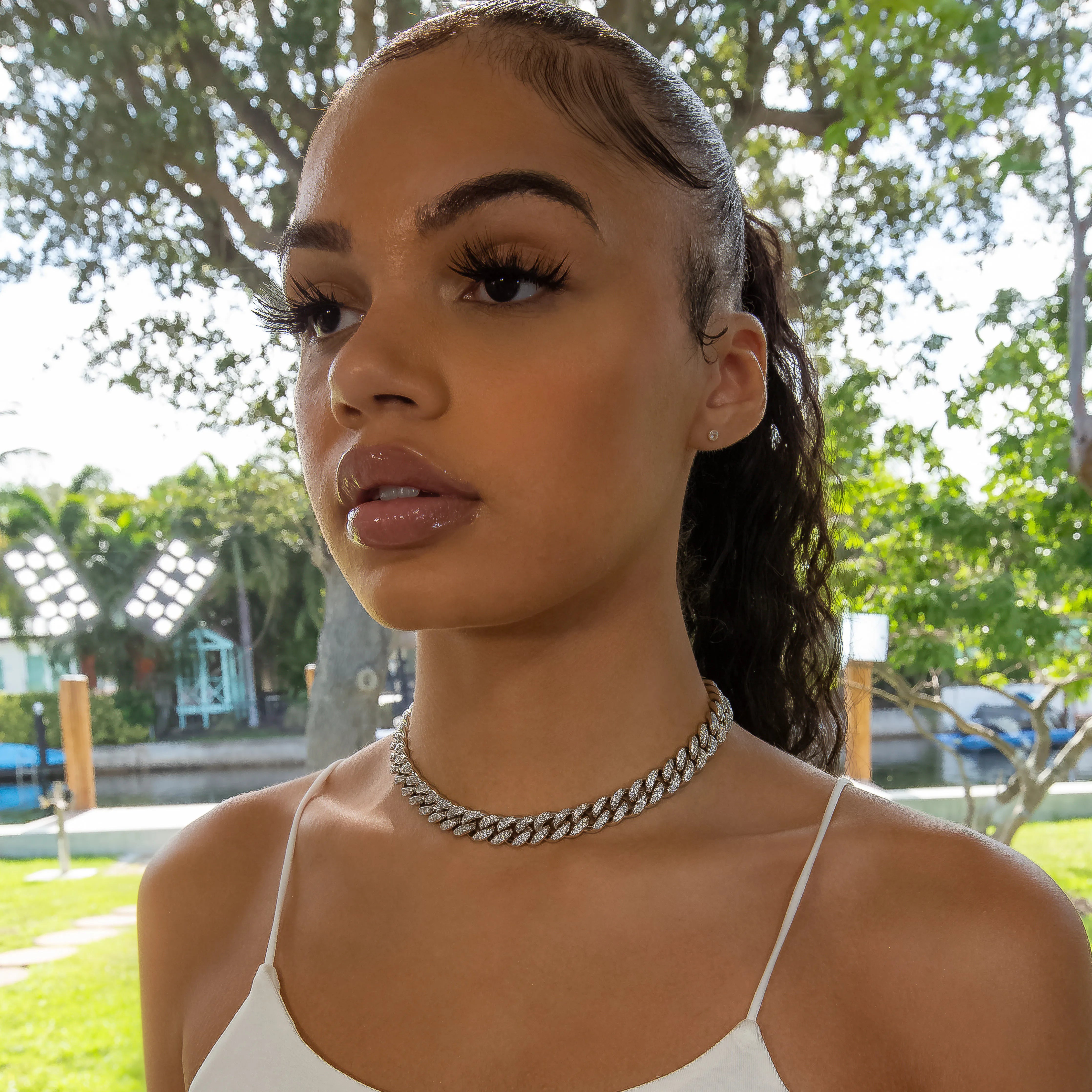 12mm Cuban Link Choker/ Necklace in White Gold