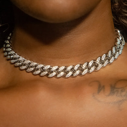 12mm Cuban Link Choker/ Necklace in White Gold