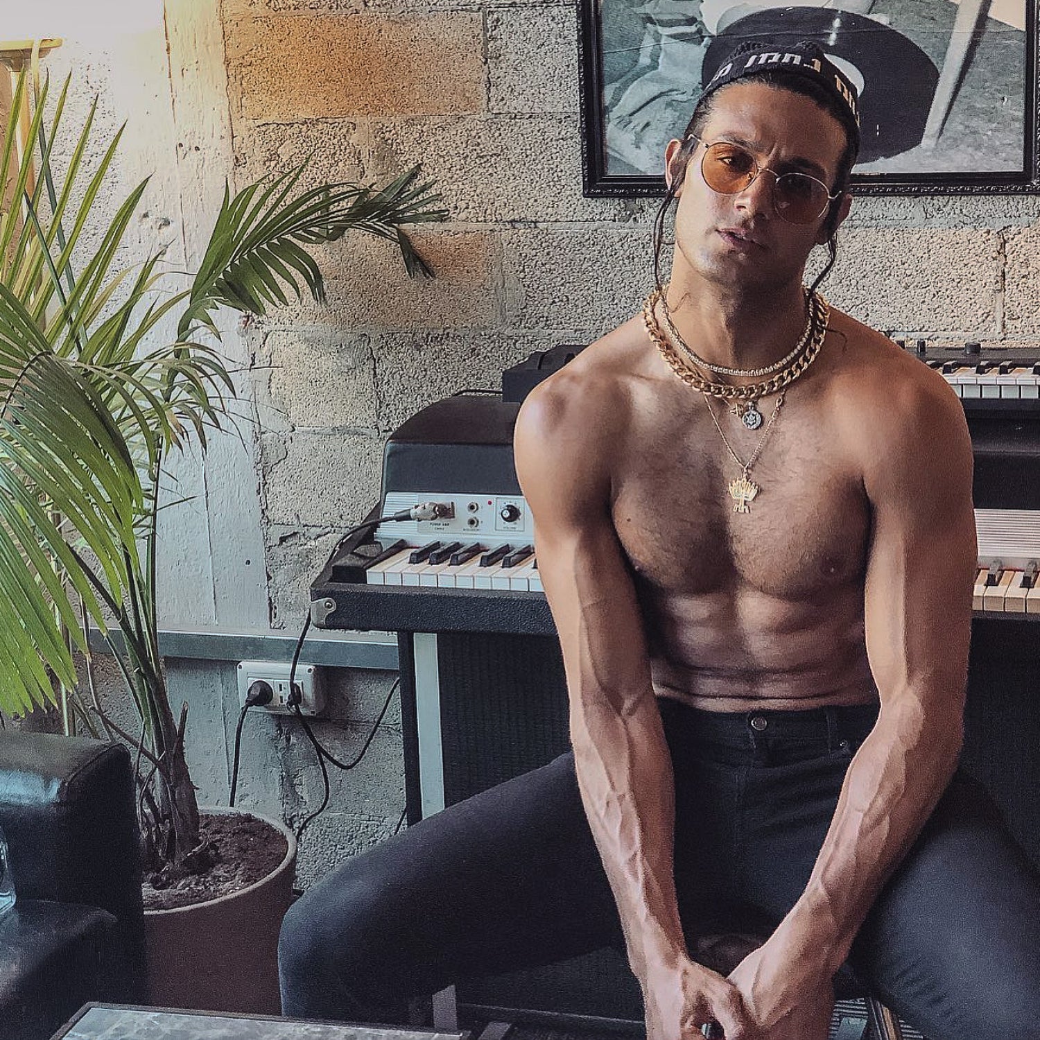 Muscular man posing shirtless in a room with musical instruments and plants.