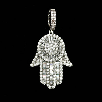 Hamsa Hand Pendant in White Gold (Baguette Cut)